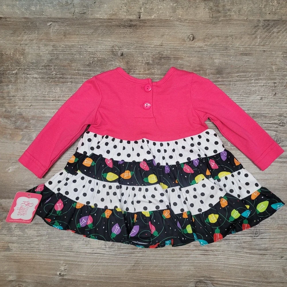 Ricrac and Ruffles Dress Girls 3-6M Pink Long Sleeve Christmas Lights‎ Tiered